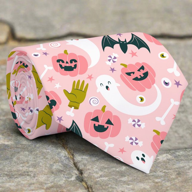 Funny Pink Pumpkin Cute White Ghost Bat Halloween Tie (Creator Uploaded)