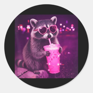 Funny pink racoon drinking iced coffee - cute classic round sticker