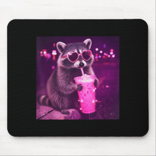 Funny pink racoon drinking iced coffee - cute mouse pad