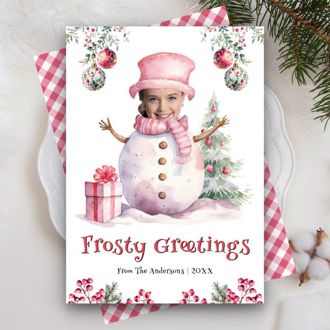 Funny Pink Snowman Kids Photo Face Fun Christmas Holiday Card (Creator Uploaded)
