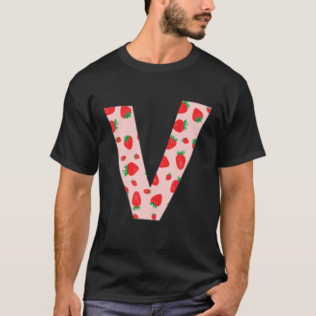 Funny Pink Strawberry Initial Monogram Letter V Gi T-Shirt (Front)
