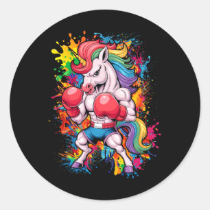 Funny Pink Unicorn With Boxing Gloves Classic Round Sticker