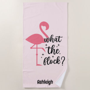 Funny Pink What the Flock Flamingo Personalised Beach Towel