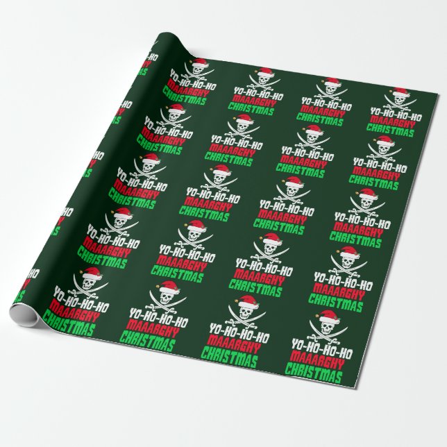 Funny Pirate Christmas Yo Ho Ho Ho Green Holiday Wrapping Paper (Unrolled)