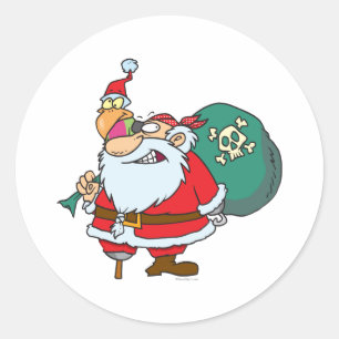 funny pirate santa and xmas parrot cartoon classic round sticker