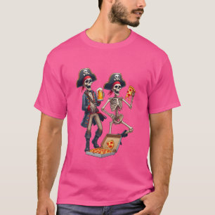 Funny Pirate Skeletons Drinking Beer Eating Pizza  T-Shirt