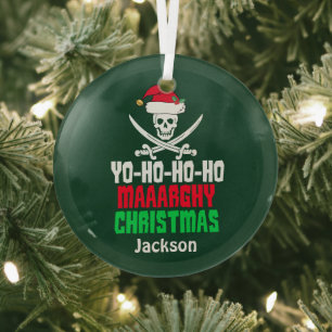 Funny Pirate Yo Ho Ho Ho Merry Christmas Glass Tree Decoration