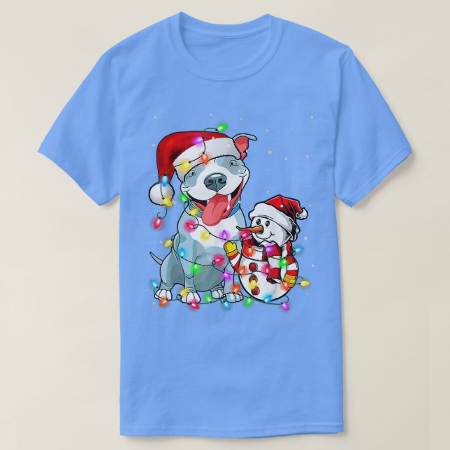 Funny Pitbull Dog Christmas Tee Snowman Xmas Light (Design Front)