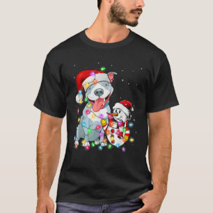 Funny Pitbull Dog Christmas Tee Snowman Xmas Light