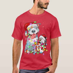 Funny Pitbull Dog Christmas Tee Snowman Xmas Light
