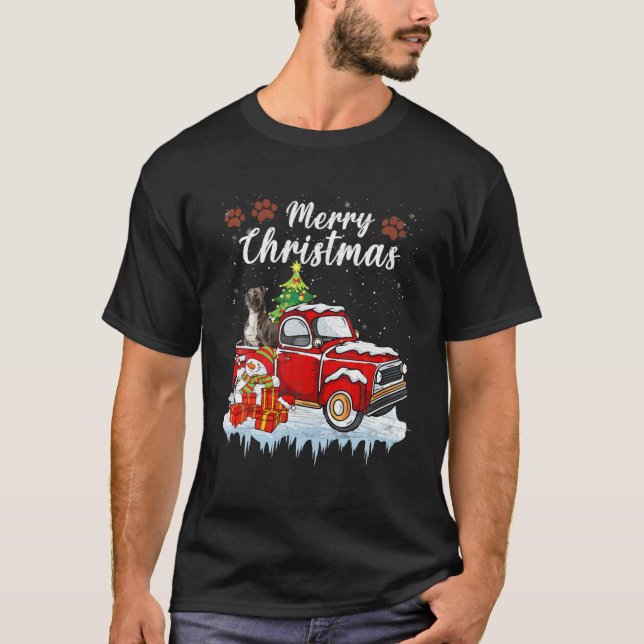 Funny Pitbull Dog Snow Red Truck Christmas Xmas Tr T-Shirt (Front)