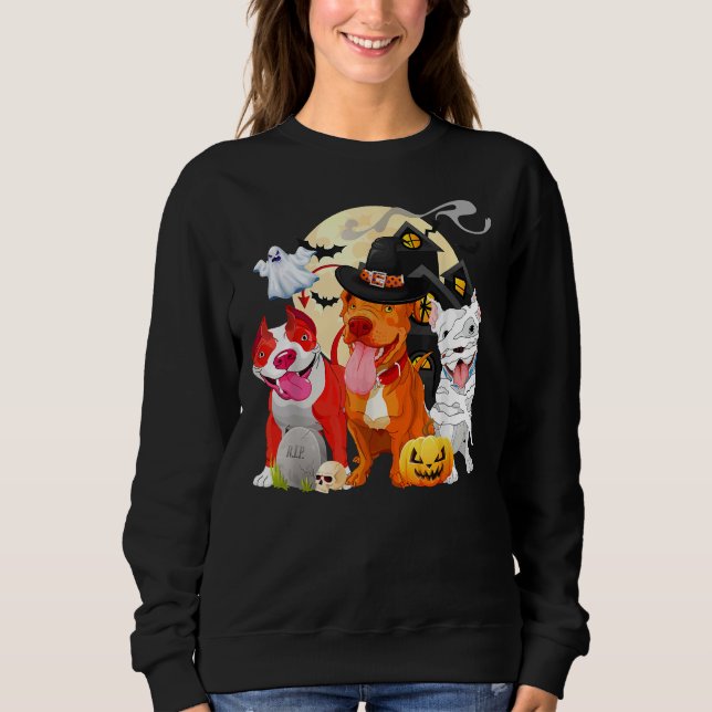 Funny Pitbull Dog Witch Hat Scary Pumpkin Hallowee Sweatshirt (Front)