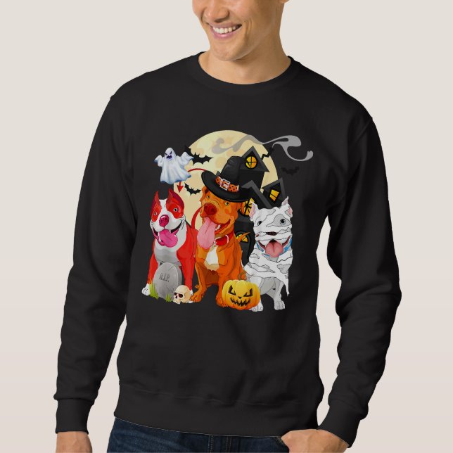 Funny Pitbull Dog Witch Hat Scary Pumpkin Hallowee Sweatshirt (Front)