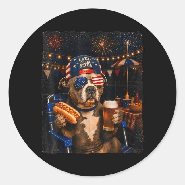 Funny Pitbull Meme Drinking Beer Hotdog 250th Classic Round Sticker (Front)