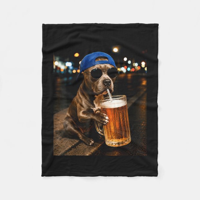 Funny pitbull meme drinking beer night street fleece blanket (Front)