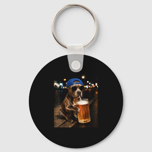 Funny pitbull meme drinking beer night street key ring (Front)