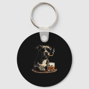 Funny pitbull meme smoking cigar whisky dog dad key ring