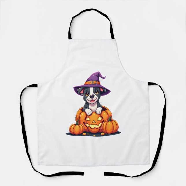 Funny Pitbull Witch Pumpkin Dog Halloween Mens Wom Apron (Front)
