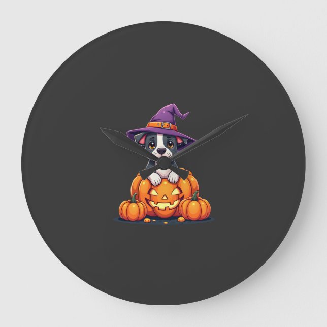 Funny Pitbull Witch Pumpkin Dog Halloween Mens Wom Large Clock (Front)