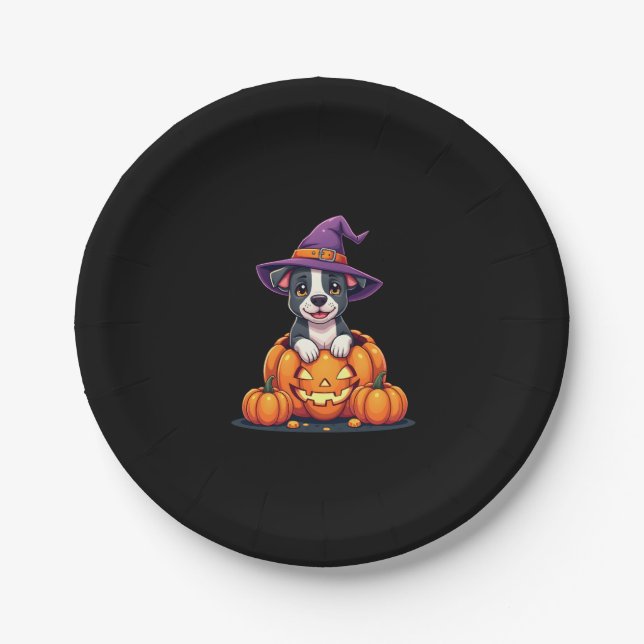 Funny Pitbull Witch Pumpkin Dog Halloween Mens Wom Paper Plate (Front)