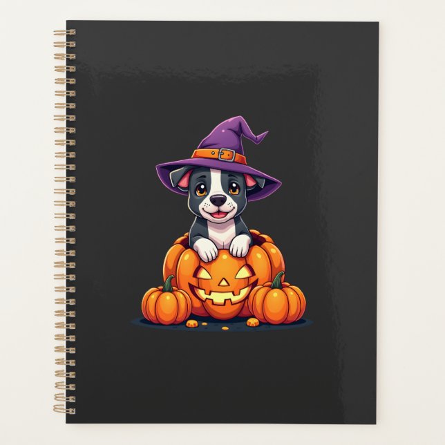 Funny Pitbull Witch Pumpkin Dog Halloween Mens Wom Planner (Front)