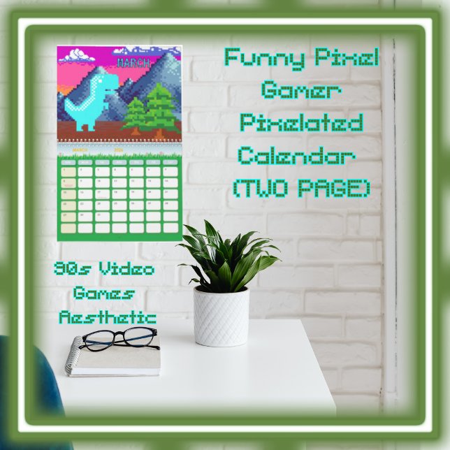 Funny Pixel Gamer Pixelated- Dinosaur Illustration Calendar (Funny Pixel Gamer Pixelated- Dinosaur Illustration (Two Page) Calendar Style Colorful Seasons; )