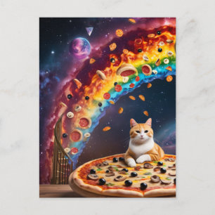 Funny Pizza Cat in Space Rainbow Stairs Postcard
