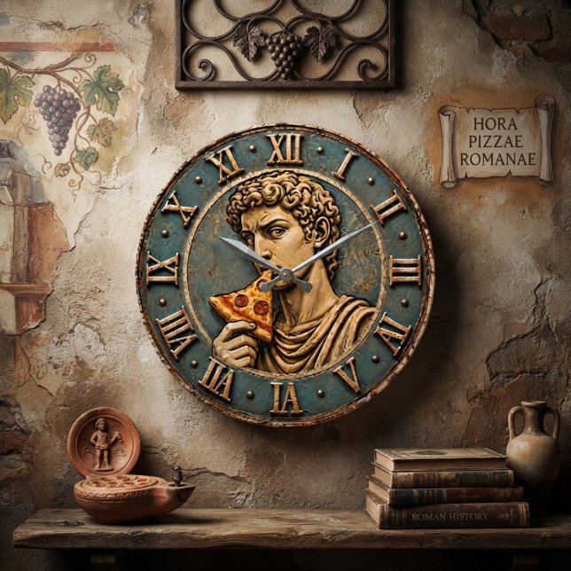Funny Pizza David Renaissance Art Parody Kitchen  Large Clock (Creator Uploaded)