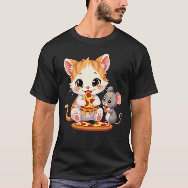 funny pizza eating cat pizza eating mouse T-Shirt (Front)