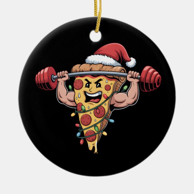 Funny Pizza Lifting Bodybuilding Christmas Men Boy Ceramic Tree Decoration (Front)