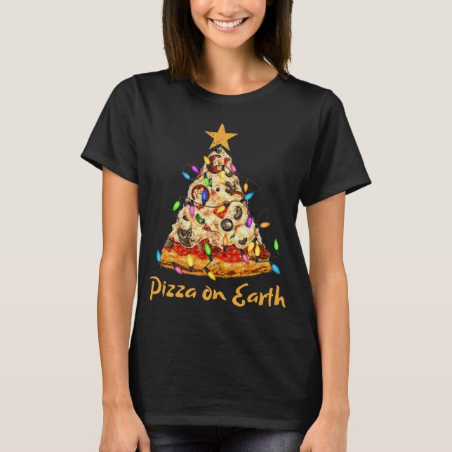 Funny Pizza on Earth Slice Christmas Tree with Lig T-Shirt (Front)