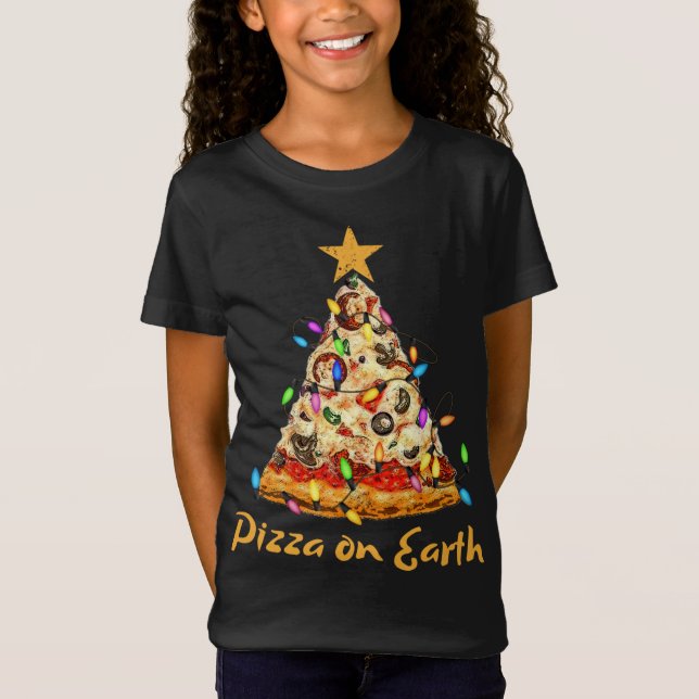 Funny Pizza on Earth Slice Christmas Tree with Lig T-Shirt (Front)