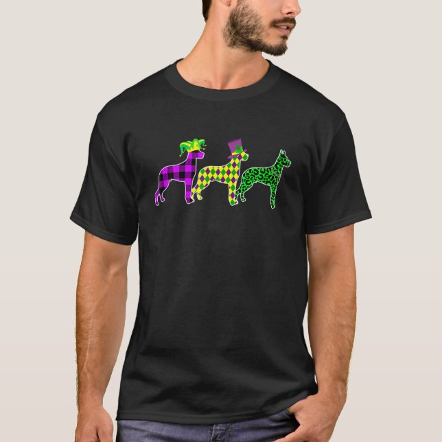 Funny Plaid Leopard Mardi Gras Dane Dog Puppy Love T-Shirt (Front)
