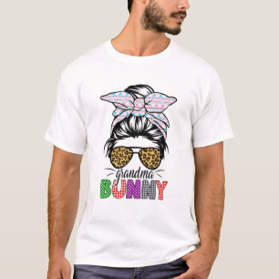 Funny Plaid Messy Bun Grandma Bunny Easter Leopard T-Shirt