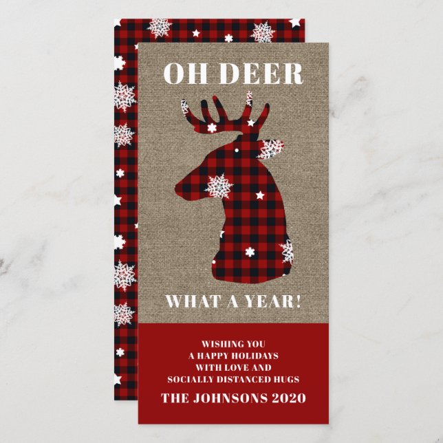 Funny Plaid Snowflake Oh Deer Holiday Card (Front/Back)