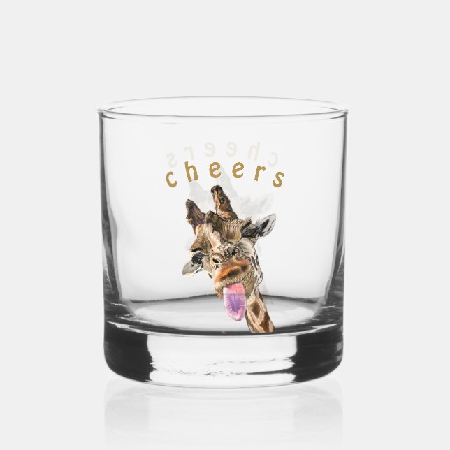 Funny Playful Giraffe Cheers Custom Text Whiskey Glass (Front)