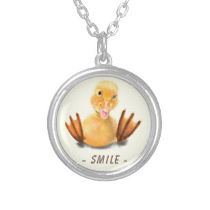 Funny Playful Winking Yellow Duckling - Smlie Silver Plated Necklace
