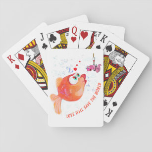 Funny Playing Cards with Happy Fish and Worm