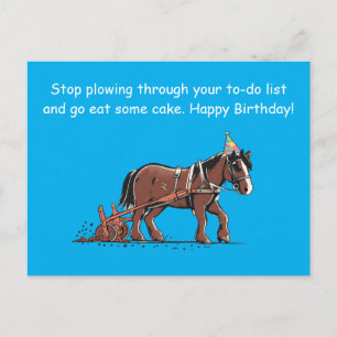 Funny Plowing Horse Birthday Greeting Postcard