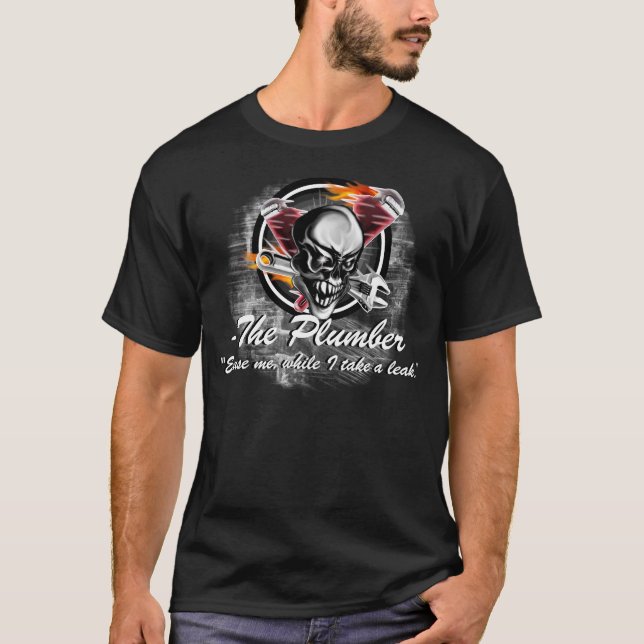Funny Plumber Skull with Flaming Tools T-Shirt (Front)