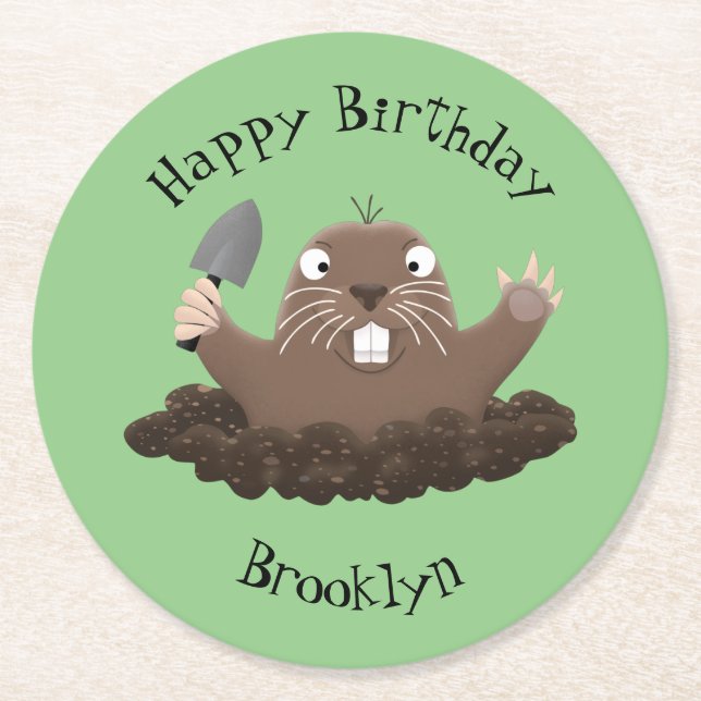 Funny pocket gopher digging cartoon illustration round paper coaster (Front)