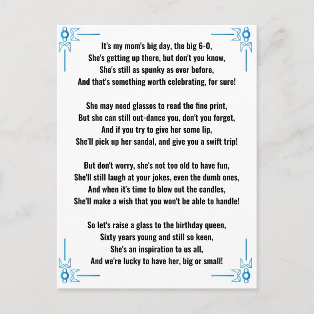 Funny Poem for 60th Birthday Woman Postcard (Front)