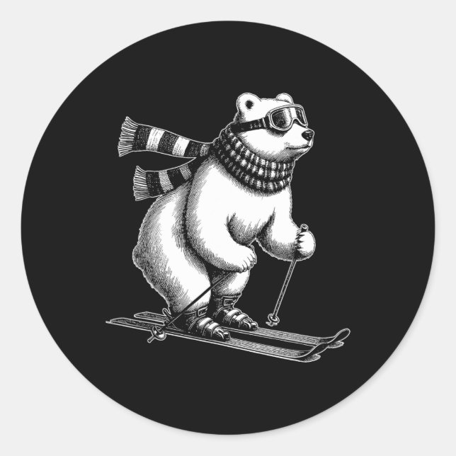 Funny Polar Bear Loves Skiing In The Snow On Ski H Classic Round Sticker (Front)