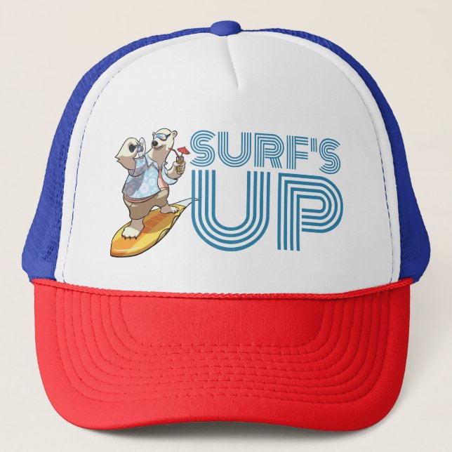 Funny Polar Bear Surf's Up Cool Surfing Cartoon Trucker Hat (Front)
