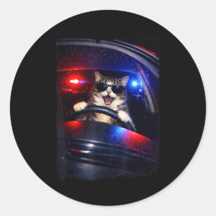Funny police crazy cat driving car funny cat memeF Classic Round Sticker