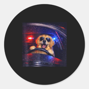 Funny police golden retriever driving car dog meme classic round sticker