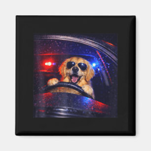Funny police golden retriever driving car dog meme magnet