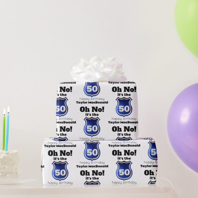 Funny Police Officer Badge 50th Birthday Wrapping Paper (Party Gifts)