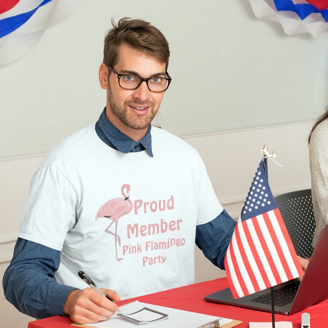 Funny Political Parody Pink Flamingo Party T-Shirt (male model wearing a proud member pink flamingo party political elections parody tee)