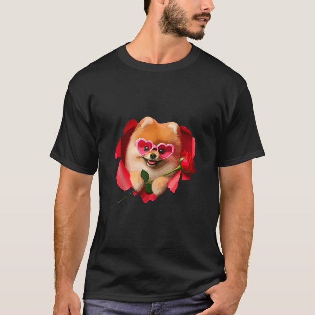 Funny Pomeranian Dog Heart Glasses Lover Rose Vale T-Shirt (Front)